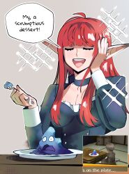 1girl absurdres bad_food blunt_bangs breasts cleavage commentary english_commentary english_text eyelashes food fork game_screenshot_inset gjh grey_background highres holding holding_fork hulkenberg_(metaphor:_refantazio) large_breasts long_pointy_ears metaphor:_refantazio open_mouth persona persona_4 plate pointy_ears red_hair sitting smile solo speech_bubble teeth upper_teeth_only