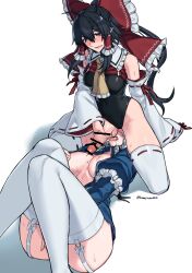 Rule 34 | 1futa, 1girl, absurdres, bare shoulders, black hair, black leotard, blue dress, blush, breasts, closed eyes, clothes lift, clothing aside, cowboy shot, dress, female masturbation, fingering, futa with female, futanari, futanari masturbation, garter straps, grey hair, hakurei reimu, highres, himadera, implied cunnilingus, izayoi sakuya, large breasts, large penis, leotard, leotard aside, licking, licking testicle, masturbation, medium breasts, nipples, oral, penis, precum, red ribbon, red shirt, ribbon, shirt, shirt lift, simple background, testicles, textless version, thighhighs, tongue, tongue out, touhou, white background, white thighhighs