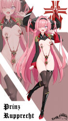 1girl adapted_costume antenna_hair azur_lane boots breasts character_name cross cross_earrings earrings epaulettes ero_guro fallopian_tubes full_body guro hairband high_heels highres horns iron_blood_(emblem) iron_cross jewelry long_hair medium_breasts military_uniform navel navel_piercing nipple_piercing nipples open_mouth ovaries piercing pink_hair ppshex prinz_rupprecht_(azur_lane) prolapse purple_eyes revealing_clothes simple_background smile solo thighhighs uterus_piercing v vaginal_prolapse very_long_hair white_background zoom_layer