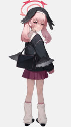 1girl absurdres bag beret black_hat black_shirt black_shoes black_wings blue_archive closed_mouth feathered_wings full_body halo hat head_wings highres koharu_(blue_archive) leg_warmers liago long_sleeves looking_at_viewer low_wings pink_eyes pink_hair pleated_skirt red_halo red_skirt sailor_collar school_bag shirt shoes simple_background skirt sleeves_past_fingers sleeves_past_wrists solo standing twintails white_background white_leg_warmers white_sailor_collar wings