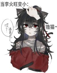 Rule 34 | 1boy, animal ears, bags under eyes, bandaged neck, bandaged torso, bandages, black hair, cat boy, cat ears, cat tail, chinese clothes, chinese commentary, chinese text, coat, coat partially removed, dao gui yi xian, disembodied hand, empty eyes, hair between eyes, hair bun, hair ribbon, hanfu, headpat, highres, kemonomimi mode, li huowang, long hair, long sleeves, looking at viewer, male focus, messy hair, off shoulder, open mouth, parted lips, red coat, red eyes, red ribbon, ribbon, scar, scar on arm, scar on neck, simple background, single hair bun, sketch, sleeves past fingers, sleeves past wrists, solo focus, speech bubble, sweatdrop, tail, upper body, white background, zichefuzhaoshinidie