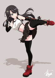 Rule 34 | absurdres, asanaya, bike shorts, black gloves, black hair, black skirt, black thighhighs, blush, breasts, clenched hands, collarbone, commentary request, cosplay, elbow gloves, final fantasy, final fantasy vii, fingerless gloves, gloves, green eyes, grey background, highres, hololive, kicking, long hair, looking ahead, medium breasts, midriff, navel, oozora subaru, open mouth, red footwear, short shorts, shorts, skirt, square enix, standing, standing on one leg, suspender skirt, suspenders, tank top, thighhighs, thighs, tifa lockhart, tifa lockhart (cosplay), v-shaped eyebrows, virtual youtuber, white tank top