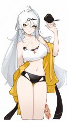 1girl adapted_costume bird black_bird black_shorts breasts chinese_commentary cleavage clenched_teeth commentary crop_top cropped_legs hand_up highres inniyik jacket large_breasts long_hair looking_at_viewer micro_shorts navel open_mouth shirt shorts simple_background skindentation stomach teeth thigh_gap white_background white_hair white_shirt yellow_eyes yellow_jacket yi_xuan_(zenless_zone_zero) zenless_zone_zero