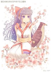 1girl ainu_clothes artist_name breasts cherry_blossoms hair_ribbon highres large_breasts legs long_hair mamahaha nakoruru ori_tsuki pants purple_eyes purple_hair ribbon samurai_spirits sitting smile snk the_king_of_fighters the_king_of_fighters_xv thighs weapon