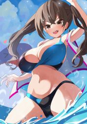 absurdres alternate_breast_size bikini black_bikini blue_bikini blue_sky breasts brown_eyes brown_hair cleavage cloud highleg highres idolmaster idolmaster_cinderella_girls idolmaster_cinderella_girls_starlight_stage jacket large_breasts long_hair multicolored_bikini navel ocean outdoors satoyama_meu shark sharp_teeth sky sunazuka_akira swimsuit teeth twintails two-tone_bikini wading white_jacket wide_hips