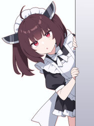1girl :o ahoge alternate_costume brown_hair enmaided highres maid medium_hair peeking_out red_eyes solo suuchi_maigo_(nan) touhoku_kiritan twintails voiceroid white_background