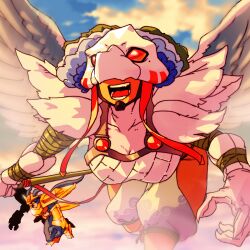 digimon digimon_(creature) flying gloves happy highres magnamon mask oridigi original smile wings