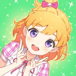 1girl aida_takanobu asahina_mirai backlighting blonde_hair bow casual commentary_request dot_nose double_v dress dutch_angle eyelashes fingernails frilled_dress frills green_background hair_bobbles hair_bow hair_bun hair_ornament happy light_blush mahou_girls_precure! medium_hair open_mouth outline pinafore_dress pink_bow pink_shirt plaid_clothes plaid_shirt precure puffy_short_sleeves puffy_sleeves purple_eyes shirt short_sleeves single_side_bun sleeveless sleeveless_dress smile solo sparkle tareme teeth upper_body upper_teeth_only v white_dress yellow_outline