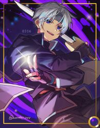 1boy artist_name belt birthday black_cape black_gloves black_headband black_pants black_shirt blue_eyes brown_belt cape commentary cowboy_shot fingerless_gloves gloves headband highres holding holding_sword holding_weapon kuroda_(kuro_yyy) looking_at_viewer male_focus open_mouth pants puyopuyo schezo_wegey shirt short_hair smile solo sword teeth twitter_username upper_teeth_only weapon white_hair