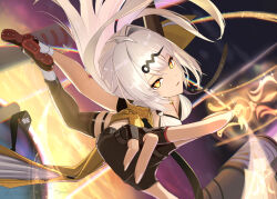 1girl black_gloves black_thighhighs breasts elbow_gloves eyebrows_hidden_by_hair fingerless_gloves fingernails gloves hair_ornament hairpin hand_focus high_heels highres holding_ofuda large_breasts light_smile looking_at_viewer open_mouth single_elbow_glove single_thighhigh solo sunlight sunset thigh_strap thighhighs thighs torjun_111 white_hair yellow_eyes yixuan_(zenless_zone_zero) zenless_zone_zero