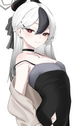 1girl absurdres black_bow black_choker black_dress black_hair black_horns blue_archive blush bow breasts brown_jacket choker cleavage closed_mouth commentary_request demon_horns dress ear_piercing grey_hair hair_between_eyes hair_bow halo highres horns jacket kayoko_(blue_archive) kayoko_(dress)_(blue_archive) long_hair looking_at_viewer mole mole_on_neck off_shoulder official_alternate_costume official_alternate_hairstyle piercing red_eyes simple_background small_breasts smile solo standing white_background yu_soft029
