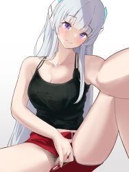 1girl hand_on_head highres holding_viewer partially_visible_vulva pubic_hair purple_hair pussy smile