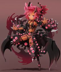 :d armor armpits breasts claws commentary_request dark-skinned_female dark_skin dragon_girl duel_monster full_body gandora-x_the_dragon_of_demolition garoudo_(kadouhan&#039;i) glowing hands_up leg_up long_sleeves looking_at_viewer nail_polish navel open_mouth personification pink_eyes pink_hair red_background short_eyebrows short_hair simple_background slit_pupils small_breasts smile solo standing standing_on_one_leg thick_eyebrows tsurime v-shaped_eyebrows wide_sleeves yu-gi-oh! yu-gi-oh!_duel_monsters yu-gi-oh!_the_dark_side_of_dimensions