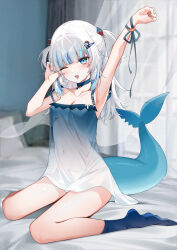 1girl absurdres animal_costume animal_hood arm_up armpits blue_eyes blue_hair blue_hoodie blush fins fish_tail gawr_gura grey_hair hair_ornament highres hololive hololive_english hood hoodie long_hair looking_at_viewer multicolored_hair navel no_bra one_eye_closed open_mouth see-through_clothes shark_costume shark_girl shark_hair_ornament shark_hood shark_tail sharp_teeth sitting smile solo streaked_hair tail teeth virtual_youtuber wariza yukineko1018