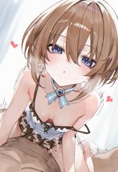 1boy 1girl ^^^ absurdres blanc_(neptunia) blue_eyes blush breasts brown_hair clothed_female_nude_male cowgirl_position dress girl_on_top hair_between_eyes heavy_breathing hetero highres implied_sex looking_at_viewer neptune_(series) nude open_mouth pov short_hair small_breasts sound_effects straddling strap_slip suujiniku sweat trembling white_dress