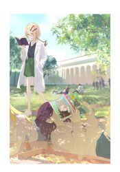 Rule 34 | 1girl, absurdres, bespectacled, black shirt, blonde hair, blue-framed eyewear, book, border, bottle, colored eyelashes, commentary request, covered face, crocs, flipped hair, food, gakuen idolmaster, glasses, gradient hair, grass, green shorts, grey hair, hand in pocket, highres, holding, holding book, idolmaster, knife, lab coat, leon (idolmaster), long hair, lying, magazine (object), multicolored hair, on back, on stomach, orange eyes, outdoors, people, pizza, ponytail, reading, semi-rimless eyewear, shinosawa hiro, shirakusa gekka, shirt, shoes, shorts, swept bangs, tanupon, under-rim eyewear, walking, white border, white shoes