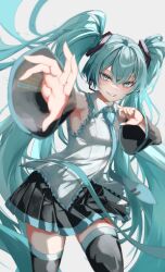1girl aqua_eyes aqua_hair aqua_necktie armpits black_skirt black_thighhighs blush detached_sleeves eikawa_suru hair_between_eyes hair_ornament hatsune_miku highres long_hair long_sleeves miniskirt necktie parted_lips reaching reaching_towards_viewer shirt simple_background skirt sleeveless sleeveless_shirt smile solo thighhighs twintails very_long_hair vocaloid white_shirt wide_sleeves zettai_ryouiki