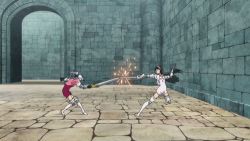 10s 2girls animated animated_gif armor black_hair closed_eyes fighting guila hairband jericho_(nanatsu_no_taizai) long_hair lowres multiple_girls nanatsu_no_taizai short_hair silver_hair sword weapon