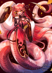 1girl artist_name breasts cleavage cleavage_cutout clothing_cutout commentary_request commission double_bun earrings falling_petals forked_tongue full_body hair_bun highres hogara jewelry lamia large_breasts long_hair long_sleeves looking_at_viewer monster_girl navel_cutout original petals pointy_ears red_hair scales slit_pupils smile solo tongue tongue_out very_long_hair weapon wide_sleeves yellow_eyes yellow_petals