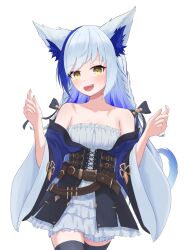 1girl animal_ear_fluff animal_ears aomiya_yozuri bare_shoulders belt black_bow black_thighhighs blush bow braid breasts brown_belt cat_ears cat_girl cat_tail cleavage collarbone dress frilled_dress frills hair_bow highres long_hair long_sleeves looking_at_viewer medium_breasts open_mouth simple_background smile solo strapless strapless_dress tail thighhighs thighs twin_braids vee_(vtuber) very_long_hair virtual_youtuber white_background wide_sleeves yellow_eyes yoshinori_draw zettai_ryouiki