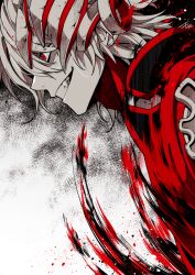 Rule 34 | 1boy, antonio salieri (fate), antonio salieri (first ascension) (fate), antonio salieri (second ascension) (fate), armor, artist name, crazy eyes, empty eyes, evil grin, evil smile, fang, fate/grand order, fate (series), from side, grin, limited palette, male focus, mask, medium hair, moru, profile, red armor, red eyes, red fire, signature, simple background, smile, solo, transformation, upper body, wide-eyed