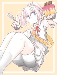 1girl bike_shorts black_gloves black_shorts black_skirt black_vest blue_eyes cake collared_shirt dress_shirt feet_out_of_frame food fork gloves hair_intakes highres honketsu kantai_collection looking_at_viewer pink_hair pleated_skirt ponytail shiranui_(kancolle) shiranui_kai_ni_(kancolle) shirt short_hair shorts shorts_under_skirt simple_background skirt socks solo v vest white_background white_shirt white_socks