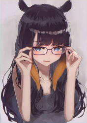 1girl absurdres adjusting_eyewear black_hair blue_eyes commentary facing_viewer glasses grey_background grey_shirt hands_up highres hololive hololive_english long_hair looking_down mole mole_under_eye ninomae_ina&#039;nis shirafu_ne shirt simple_background smile solo upper_body virtual_youtuber