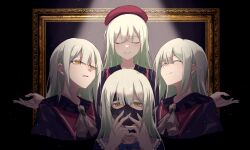 Rule 34 | 1girl, absurdres, bang dream!, bang dream! it&#039;s mygo!!!!!, beret, bohemian rhapsody, chinese commentary, closed eyes, closed mouth, commentary request, covering own mouth, cropped torso, facing viewer, green hair, hakusama233, hat, highres, light particles, long hair, looking at viewer, mask, mortis (bang dream!), mortis (costume) (bang dream!), multiple expressions, multiple persona, multiple views, outstretched arms, parted lips, picture frame, queen (band), red hat, smile, spotlight, upper body, wakaba mutsumi, yellow eyes