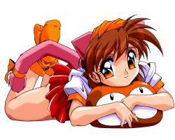 Rule 34 | 1990s (style), 1girl, animal ears, bow, brown hair, cat ears, cat tail, chip-chan kick!, chip (chip-chan kick!), full body, hair bow, looking at viewer, miniskirt, no shoes, non-web source, official art, orange eyes, orange socks, photoshop (medium), red skirt, retro artstyle, short hair, short sleeves, simple background, skirt, smile, socks, stomach, tail, white background, yanagi hirohiko