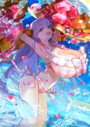 1girl :d arms_up ass beach bikini blue_sky breasts checkered_bikini checkered_clothes cleavage cowboy_shot day double_bun dutch_angle fate/grand_order fate_(series) floating_hair game_cg hair_bun hair_ribbon huge_breasts impossible_clothes long_hair long_sidelocks looking_at_viewer mechanical_arms navel official_art open_mouth passionlip_(celeb_summer_experience_swimsuit)_(fate) passionlip_(fate) pink_bikini pink_eyes pink_ribbon purple_hair ribbon side-tie_bikini_bottom sidelocks single_sidelock sky smile solo sparkle splashing swimsuit third-party_source very_long_hair wada_arco wading water
