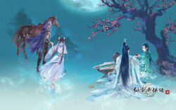 Rule 34 | 2boys, 2girls, bai moqing (xianjian qixia zhuan 7), black hair, chinese clothes, chinese text, copyright name, cup, cupping glass, dress, flower, green dress, hair rings, highres, holding, holding cup, holding hands, horse, jar, jian (weapon), logo, long hair, moon, mountain, multiple boys, multiple girls, official art, red flower, ribbon, rock, sang you (xianjian qixia zhuan 7), second-party source, seiza, sitting, smile, sword, tassel, tree, twintails, weapon, white dress, wu huaizai (xianjian qixia zhuan 7), xianjian qixia zhuan, xianjian qixia zhuan 7, xiu wu (xianjian qixia zhuan 7), yue qingshu (xianjian qixia zhuan 7)