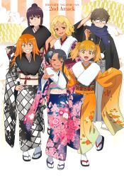 1boy 5girls :d ahoge black_hair blonde_hair blue_kimono blue_scarf brown_eyes checkered_clothes checkered_kimono earrings fangs floral_print floral_print_kimono full_body gamou_maki glasses grey_kimono hachiouji_naoto hair_bun highres ijiranaide_nagatoro-san japanese_clothes jewelry kimono multiple_girls nagatoro_hayase new_year obi official_art open_mouth orange_eyes orange_kimono pink_kimono pointing pointing_at_viewer print_kimono red_eyes sakura_(nagatoro) sandals sash scarf second-party_source short_hair smile sunomiya_sana tabi tan tareme twintails yellow_eyes yoshi_(nagatoro) zouri