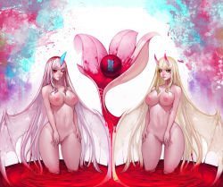 2girls blonde_hair blood breasts demon_girl demon_wings grey_hair highres horns large_breasts long_hair multiple_girls navel nipples nude one_eye_closed oni original pussy red_eyes single_horn very_long_hair wings wookyung yellow_eyes