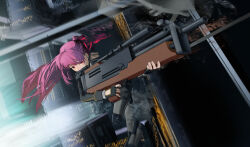 1girl absurdres aoi_wakashi_chiyo black_gloves bullpup fingerless_gloves girls&#039;_frontline gloves gun highres holding holding_gun holding_rifle holding_weapon purple_hair red_eyes rifle sniper_rifle solo suppressor wa2000_(girls&#039;_frontline) walther walther_wa_2000 weapon