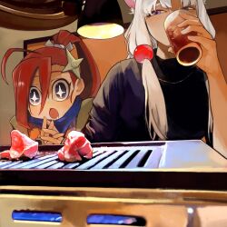 +_+ 2girls ahoge animal_ears blue_neckerchief cooking cup drink drinking drinking_glass drooling food grilling hair_between_eyes high_ponytail kansai_shinobi kurokoge013 looking_at_food meat multiple_girls neckerchief open_mouth own_hands_together ponytail purple_eyes red_hair shuriken_hair_ornament touhoku_itako utau voiceroid white_hair yakiniku