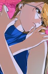 1girl ace_attorney adrian_andrews amikoiiko blonde_hair blue_shirt breasts broken_glass brown_eyes crossed_arms crying facing_to_the_side fingernails glass glass_shards glasses hand_on_own_shoulder highres holding long_fingernails long_hair looking_to_the_side mismatched_eyebrows phoenix_wright:_ace_attorney_-_justice_for_all pink_background pink_lips round_eyewear shirt sleeveless sleeveless_turtleneck solo sternocleidomastoid_muscle streaming_tears tears turtleneck upper_body zoom_layer