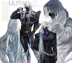 Rule 34 | 1boy, arknights, arm at side, armor, ascot, belt, black belt, black coat, black gloves, black mask, black pants, black skirt, blue ascot, blue ribbon, character name, coat, collage, commentary, compression shirt, covered abs, covered mouth, cowboy shot, curtained hair, english commentary, facing away, feet out of frame, gloves, hair over shoulder, hair ribbon, hand in own hair, hand on own neck, highres, holding, holding own hair, holding ribbon, long hair, low ponytail, male focus, mask, mouth mask, multiple views, muscular, muscular male, ninja mask, pants, parted bangs, pectorals, ponytail, profile, red eyes, ribbon, s11puha, sanpaku, scar, scar on arm, scar on back, shoulder armor, skirt, topless male, ulpianus (arknights), upper body, very long hair, white background, white belt, white hair