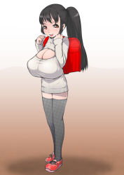 1girl backpack bad_id bad_pixiv_id bag black_hair blush breasts cleavage cleavage_cutout clothing_cutout female_focus full_body huge_breasts j7w long_hair meikko-chan_(j7w) meme_attire open-chest_sweater open_mouth oppai_loli original ponytail randoseru ribbed_sweater sagging_breasts shadow simple_background smile solo standing sweater thighhighs turtleneck