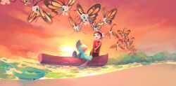 1boy :d absurdres beanie beautifly boat brendan_(pokemon) chinese_commentary cloud commentary_request gen_3_pokemon hat highres jacket liangkou lily_pad looking_up lotad male_focus marshtomp nintendo open_mouth outdoors pokemon pokemon_(creature) pokemon_adventures red_eyes sand shore short_hair sky smile sun twilight water watercraft white_hat