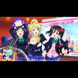 3girls :d ^_^ arcade arms_up ayase_eli bag bag_charm black_hair blazer blonde_hair blue_eyes blue_jacket blue_skirt blush bow bowtie bread cardigan character_doll charm_(object) closed_eyes cowboy_shot crane_game diagonal-striped_bow diagonal-striped_bowtie diagonal-striped_clothes doll doll_on_head dress_shirt eye_contact food green_bow green_bowtie hair_bow hair_ornament hand_up happy holding holding_another&#039;s_arm holding_bag holding_doll hoshizora_rin index_finger_raised indoors jacket koizumi_hanayo kosaka_honoka long_hair long_sleeves looking_at_another looking_to_the_side love_live! love_live!_school_idol_project low_twintails miniskirt multiple_girls nesoberi official_art onigiri open_clothes open_jacket open_mouth otonokizaka_school_uniform petticoat pink_cardigan pink_nails pink_scrunchie plaid_clothes plaid_skirt pleated_skirt pointing pointing_up ponytail puchiguru_love_live! purple_hair red_eyes school_bag school_uniform scrunchie shirt sideways_glance skirt smile sonoda_umi striped_clothes teeth tojo_nozomi twintails upper_teeth_only v-shaped_eyebrows white_scrunchie white_shirt winter_uniform yazawa_nico
