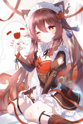 1girl :d :t absurdres alternate_costume animal_ear_fluff animal_ears apron between_legs boo_tao_(genshin_impact) brown_hair cat_ears cat_girl clothing_cutout collar commentary_request curled_fingers day enmaided flower-shaped_pupils genshin_impact hair_between_eyes hair_ornament hand_between_legs hand_up highres hu_tao_(genshin_impact) kise_inaka long_hair looking_at_viewer maid maid_apron maid_headdress one_eye_closed open_mouth pout puffy_sleeves red_eyes single_tooth sitting smile solo spread_legs sunlight symbol-shaped_pupils very_long_hair white_apron white_collar