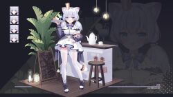 1girl :d absurdres animal_ear_fluff animal_ears bare_shoulders bell bendy_straw black_shoes black_sleeves blue_bow blue_eyes bow breasts cat_ears cat_girl cat_tail commentary_request crown detached_sleeves dress drink drinking_straw food grey_background grey_hair hair_intakes hand_up highres holding holding_tray jingle_bell liang_feng_qui_ye long_hair long_sleeves low_twintails medium_breasts menu_board mini_crown multiple_expressions neck_bell open-toe_shoes open_mouth original pantyhose puffy_long_sleeves puffy_sleeves shoes single_leg_pantyhose single_thighhigh sleeves_past_wrists smile standing stool tail thighhighs tray twintails white_dress white_pantyhose white_thighhighs zoom_layer