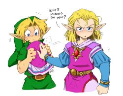 1boy 1girl artist_name belt belt_buckle blonde_hair blue_sleeves brooch brown_belt buckle child clenched_hand closed_mouth commentary cropped_torso dress english_commentary english_text green_hat green_tunic hat highres holding holding_unworn_clothes holding_unworn_hat jewelry juliet_sleeves link long_sleeves nintendo no_headwear parted_lips pink_dress pointy_ears princess_zelda puffy_sleeves red_brooch short_hair short_sleeves simple_background superiordutchsauce the_legend_of_zelda the_legend_of_zelda:_ocarina_of_time tunic unworn_hat unworn_headwear v-shaped_eyebrows white_background young_link young_zelda