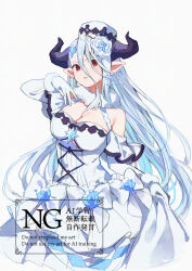 1girl absurdres bare_shoulders blue_hair breasts cleavage commentary_request dated draph dress flower gloves granblue_fantasy hair_flower hair_ornament hair_over_one_eye highres horns izmir large_breasts long_bangs mochiko_tsuru pointy_ears red_eyes signature simple_background solo white_background white_dress