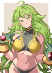 1girl @_(symbol) absurdres boku_no_hero_academia breasts commentary english_commentary gloves green_eyes green_hair hagakure_toru highres large_breasts long_hair looking_at_viewer navel official_alternate_costume pointing pointing_at_self simple_background solo sonicheroxd sports_bra unusually_visible very_long_hair