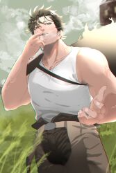 Rule 34 | 1boy, bara, black clover, black hair, cowboy shot, facial hair, grass, head tilt, highres, male focus, mature male, muscular, muscular male, octo33, pectorals, short hair, sidepec, smoking, solo, standing, stubble, tank top, thick neck, tsurime, yami sukehiro