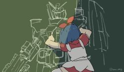 Rule 34 | 1girl, apron, blue hair, chalk, chalkboard, commentary request, cowboy shot, drawing (action), dress, facing away, from behind, gundam, hair ribbon, hairband, holding, holding chalk, knee up, mecha, medium hair, mobile suit gundam, omega ray, omega sisters, puffy short sleeves, puffy sleeves, red dress, red hairband, red ribbon, ribbon, robot, rx-78-2 gundam, shade, short dress, short sleeves, smr omg, solo, standing, twitter username, virtual youtuber, white apron