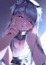 1boy 1girl animal_ears black_skirt blue_eyes blush breasts cleavage cleavage_cutout clothing_cutout collar commission fangs hair_ornament hairclip hand_on_another&#039;s_cheek hand_on_another&#039;s_face heart heart-shaped_pupils heart_cutout hetero highres indie_virtual_youtuber large_breasts long_hair looking_at_viewer mole mole_under_eye nen_0405 open_mouth pleated_skirt ren_kohaku_(vtuber) ribbed_sweater skeb_commission skirt sleeveless sleeveless_sweater snow_leopard_ears snow_leopard_girl sweat sweater symbol-shaped_pupils virtual_youtuber