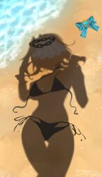 beach bikini black_bikini blue_bow blue_gemstone bow dressed_shadow_(meme) ducveagle gem heart-shaped_gem highres hololive hololive_english ocean ouro_kronii outdoors sand selfie shadow swimsuit thigh_gap veil virtual_youtuber water