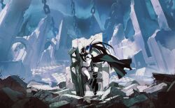 Rule 34 | 1girl, absurdres, black boots, black bra, black hair, black rock shooter, black rock shooter (character), black shorts, boots, bra, chain, cloak, heterochromia, highres, letro, ruins, shorts, sitting, stitches, twintails, underwear, weapon